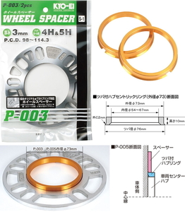 KYO-EI 3mm スペーサー 2枚 + ハブリング 73mm→56mm ゴールド ツバ付 専用 5H 4H 114.3 100 キョーエイ 協永産業 日本製