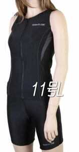 ◆袖なしラン型・胸ボタン付フィットネス水着・11号L・切替黒×グレー