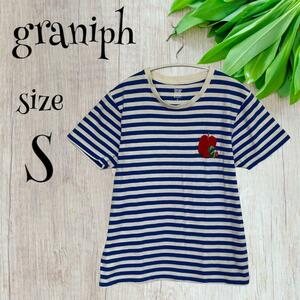 graniphグラニフ　デザインTシャツ【S】ブルーホワイト　ボーダー　半袖
