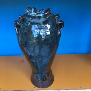 【A20714】中国美術 海鼠釉 双耳　支那焼海鼠花瓶 木箱附　重さ5.35kg