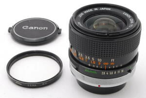 Canon FD 24mm f2.8 S.S.C. 動作も写りもOKです。概ねキレイです。前後キャップ、フィルター(Toshiba 55mm MC)付きです。