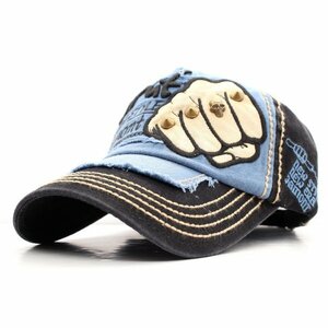 野球帽子 ウォッシュ加工 インパクトある拳刺繍ロゴ キャップ 綿 帽子 56cm~58cm メンズ レディース BL&BK CJ14-1