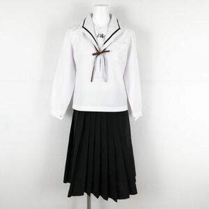 1円 セーラー服 スカート 紐タイ 上下3点セット S 中間服 黒1本線 女子 学生服 岡山朝日高校 白 制服 中古 ランクC NA0341