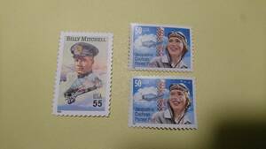 【アメリカ 切手】デザイン(BILLY MITCHELL・Jacqueline Cochran) 飛行機 パイロット 20年以上前の使い残し切手 1枚だけ印刷剥がれ 送料込