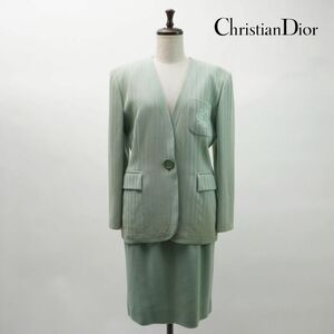 Christian Dior クリスチャン ディオール ウール スカートセットアップ ストライプ柄 スーツ 総裏 レディース グリーン サイズ9*NC1284