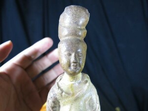 唐代黄釉婦人俑　隋～唐時代　遺跡発掘品　中国　副葬品　釉薬　焼き物　明器　宮殿　墓