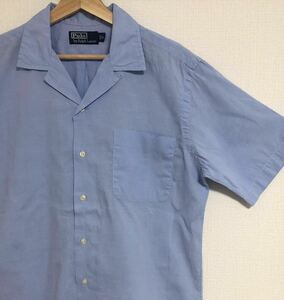 希少☆ Sサイズ レアカラーサックス 90s ポロ ラルフローレン オープンカラー 開襟 シャツ caldwell リネン コットン POLO ralph camp RRL