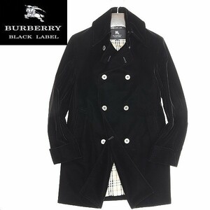 美品◆BURBERRY BLACK LABEL バーバリー ブラックレーベル 裏地ノバチェック柄 ベロア ベルベット トレンチ コート 黒 ブラック M