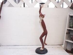 ビンテージバリ島面白木彫＊細長ちょっとセクシーポーズな猫キャンドルスタンド・茶・G☆飾り置物ディスプレイ