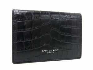 1円 ■極美品■ SAINT LAURENT サンローラン クロコダイル型押しレザー 二つ折り 財布 ウォレット 小銭入れ メンズ ブラック系 AW6564