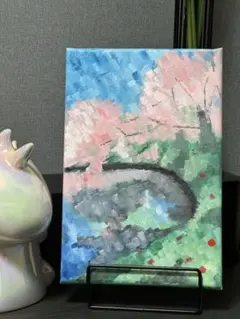 「桜の池」　手描き　油絵　風景画　原画