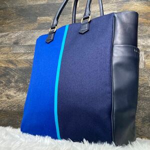 極美品 A4● Paul Smith ポールスミス トートバッグ ハンド ビジネス ブリーフケース 縦型 バイカラー コットン 綿 レザー 革 メンズ