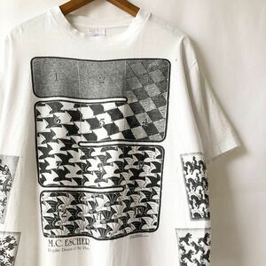 レア! 90s MC ESCHER マルチ Tシャツ L ホワイト USA製 ビンテージ 90年代 MC エッシャー 騙し絵 だまし絵 オリジナル ヴィンテージ