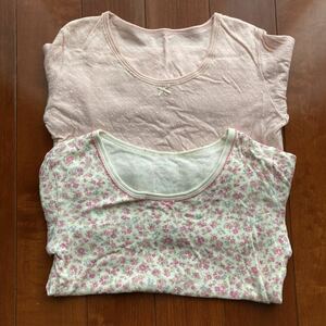 アンダーシャツ・長袖・あったか・綿100%・少し厚手・花柄×ピンク・２枚セット・130