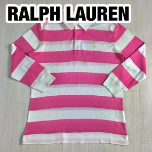 RALPH LAUREN GOLF ラルフローレン ゴルフ 七分袖 M ボーダー柄 ピンク×ホワイト 刺繍ポニー ラガーシャツ