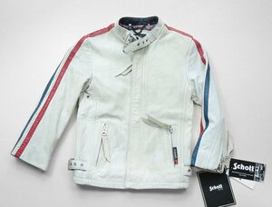 未使用 Schott ◆ クラシックレーサー ジュニア キッズ 120 シングル レザージャケット ライダースジャケット 白 ダメージ加工 ウ236◆G043