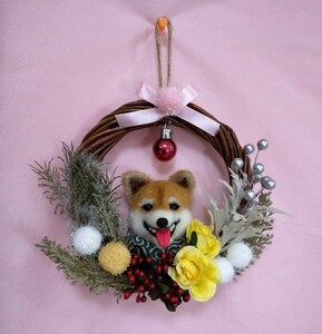 羊毛フェルト　柴犬　リース　クリスマス　犬　ミニチュア　ハンドメイド　