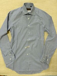 【美品】ユニバーサルランゲージ ワイシャツ プレミアムコットン 46サイズ ロング 長袖シャツ チェック柄 ブルー ホワイト
