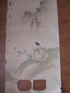 旧家解体 掘り出し品 古画　無落款 山水/公家人物画 大型肉筆水墨画/襖絵A-1151