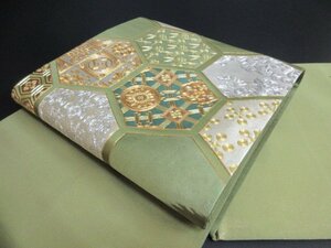 1円 良品 正絹 袋帯 引箔 和装 中国蘇州刺繍 金駒刺繍 花亀甲 かわいい お洒落 お太鼓柄 長さ428cm【夢職】★★★