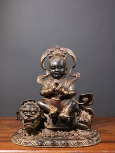 【古寶奇蔵】銅製・泥金・朱砂・紅孩兒像・置物・賞物・中国時代美術