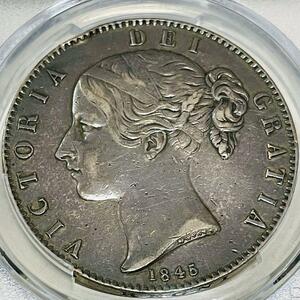 【美麗品 1845 イギリスクラウン 銀貨 ヴィクトリア 】ヤングヘッド PCGS XF Details ウイリアム・ワイオン ビクトリア 英国