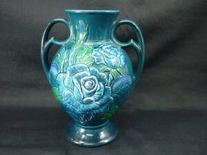 アンティーク　花瓶　花器　フラワーベース　青　ブルー　ローズ　薔薇　インテリア　骨董　ビンテージ　　T21217　