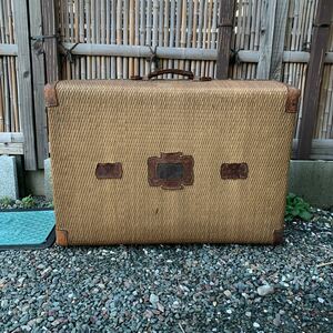 鞄　カバン　　アンティーク 昭和レトロ 戦前　竹(籐) 革製　約67×50×19cm 現状品