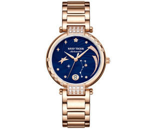 リーフタイガー-女性用自動巻き時計,高級時計,ピンクゴールド,ダイヤモンド,ブルーダイヤル,ブレスレット,ギャラクシーrga1592が大好き