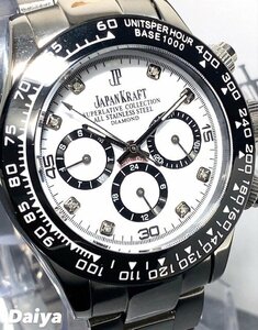 天然ダイヤモンド付き 新品 JAPAN KRAFT ジャパンクラフト 腕時計 正規品 クロノグラフ コスモグラフ 自動巻き 機械式 防水 ホワイト 白