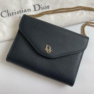 【極美品】Dior クリクチャンディオール ショルダーバッグ クロスボディ ３way Dior金具 チェーン ゴールド金具 レザー 濃紺 ネイビー