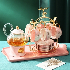 春新品　ティーポット　ティーカップ　ソーサー　トレー付き　洋食器　茶器　6客セット　スタンド付き　スプーン付き　プレゼント　ピンク
