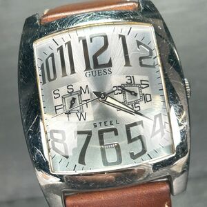 GUESS ゲス 195215G2 腕時計 クオーツ アナログ カレンダー ステンレススチール レザーベルト シルバー文字盤 新品電池交換済み 動作確認済