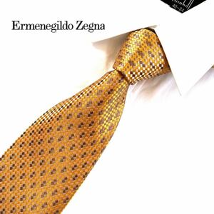 Ermenegildo Zegna エルメネジルドゼニア シルク ネクタイ イタリア製 チェック柄 総柄 イエロー ビジネス カジュアル メンズ 紳士服