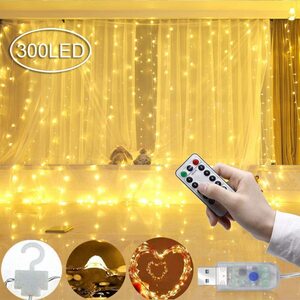 イルミネーションライト 300LED 3m×3ｍ カーテンライト 300球 クリスマスライト 防水 8種類の切替モード リモコン付き