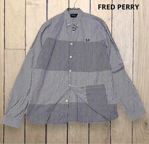 FRED PERRY　フレッドペリー 長袖　カットソー　BDシャツ　シャツ　トップス　刺繍ロゴ　ギンガムチェック　月桂樹　鹿の子　白　M 