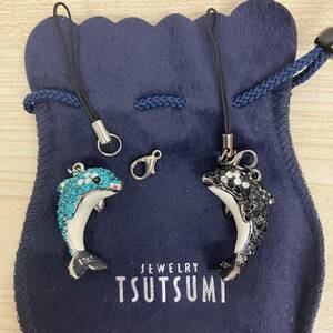 【K4885】 訳あり未使用 ジュエリーツツミ TSUTSUMI イルカ クリスタルストラップ 2点セット 動物 アニマル 巾着袋付 長期保管 自宅保管