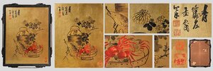 【善古堂】某有名オークション買入「徐渭書」中国明時代画家 金箔紙本【清供図・額装】肉筆保証 巻物 中国畫 中国書道0425-LC9　