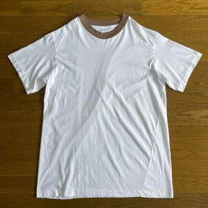 デッドストック☆80s 90s USA製 無地 Tシャツ L 白 茶色 ビンテージ ビッグサイズ リンガー セットインスリーブ コットン 新品 トリム ⑨