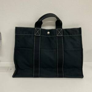 DA0246-100◆ HERMES／エルメス ブラック キャンバス ドーヴィルMM トートバッグ (縦31cm横42cmマチ9.5cm)