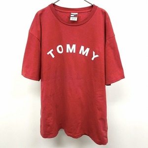 トミージーンズ tommy jeans Tシャツ カットソー フラッグタグ 両面プリント 英字 数字 文字 丸首 半袖 日本製 綿100% L レッド 赤 メンズ
