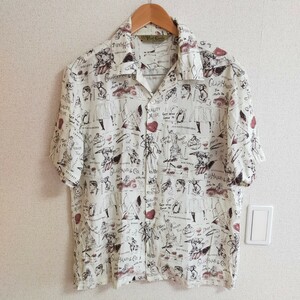 GLAD HAND グラッドハンド GLAD POSTALS HAWAIIAN S/S SHIRTS 総柄 レーヨンシャツ 半袖 開襟 オープンカラー M アイボリー