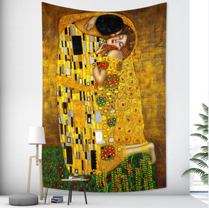 タペストリーF35　接吻　名画　ゴールド　クリムト　テレワーク　壁アート　デコレーション　模様替え　愛　ウォールデコ