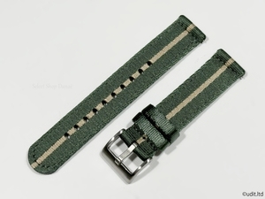 ラグ幅:20mm 高品質 艶あり 分割 NATO ストラップ 腕時計ベルト グリーン ベージュ ストライプ シルバー尾錠 ファブリック 二重編み DBI