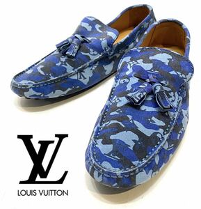 美品 LOUIS VUITTON カモフラージュ モノグラム総柄タッセルモカシンシューズ ルイヴィトン デッキshoes ドライビングシューズ ブルー7 1/2