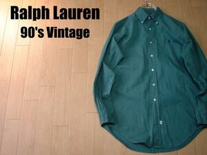 大人気Ralph Laurenモスグリーン深緑シャツS(大きめ)ワンポイントボタンダウン90sビンテージ正規ラルフローレンオックスフォードビリジアン