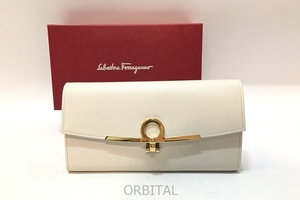 経堂) 美品 Salvatore Ferragamo フェラガモ ガンチーニ クリップ 長 財布 ベージュ 定価99,000円 JL-22D150