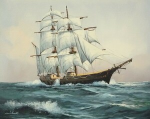 油彩画 洋画 肉筆油絵 F6号 「帆船 海景画」-18-特価-