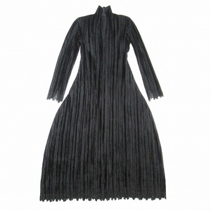 美品 00aw vintage イッセイミヤケ Velour Pleated Dress ベロアプリーツドレス 変形 ロングワンピース カットワークレース コクーン 1 黒