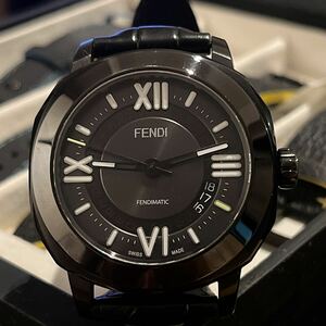 美品 動作確認済 FENDI フェンディ セレリア 腕時計 自動巻き デイト 日付 82000L SS レザー 革 ブラック イエロー メンズ